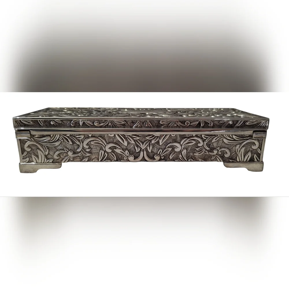 VTG Engraved Godinger Floral Embossed Silver Plated Velvet Lined Jewelry Box